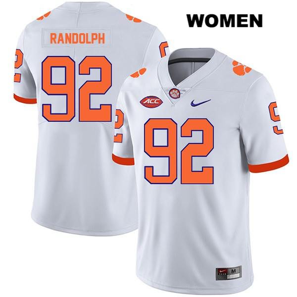 Women's Clemson Tigers #92 Klayton Randolph Stitched White Legend Authentic Nike NCAA College Football Jersey RGE0446AS